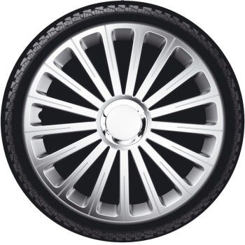 Satz Radzierblenden Radical 13-Zoll Silber + Chrom Ringe